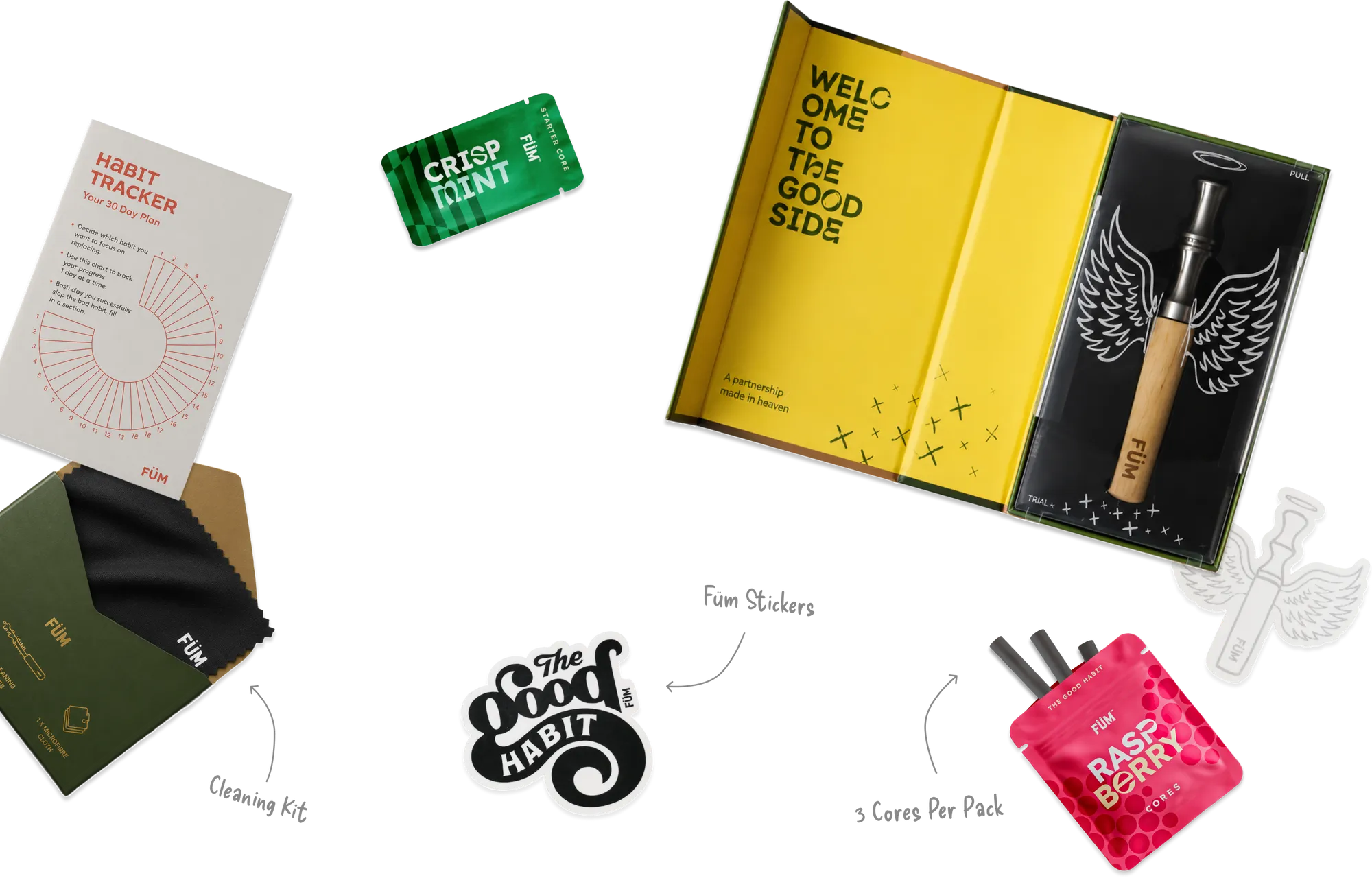Collection of smoking accessories with 'The Good Habit' branding on a white background